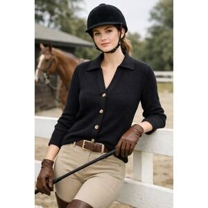 Vita Milano Black Textured Knit Button Front Cardigan Women's M‎